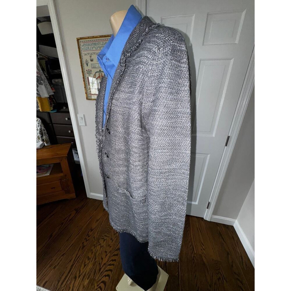 Chicos Metallic Marled‎ Knit Double Breasted Fringe Blazer Jacket Black White XL